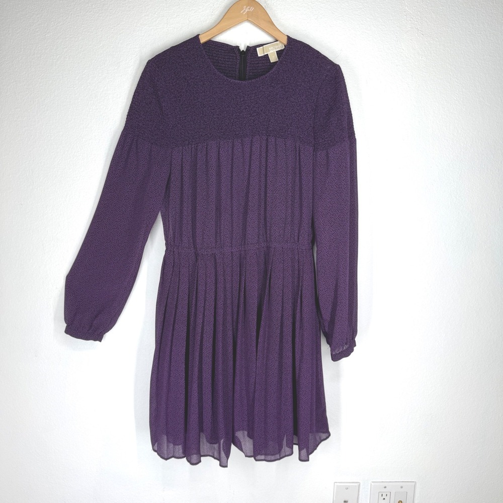 Michael Kors Dark Purple Leaf Print Smocked Pleated Chiffon Mini Dress Size 14